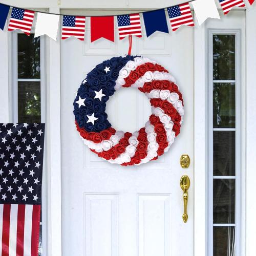 18Inch 4th of July Patriotic Roses Wreath, DILIBRA Red Blue White Foam Flower Wreath for Front Door, Artificial Memorial Day American Flag Wreath Garland Decoration for Indoor and Outdoor