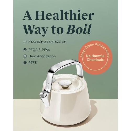 Caraway 2 Quart Whistling Tea Kettle - Durable Stainless Steel Tea Pot - Fast Boiling, Stovetop Agnostic - Non-Toxic, PTFE & PFOA Free - Includes Pot Holder - Mist