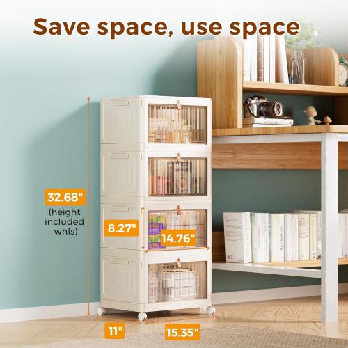 4 Tier Stackable Plastic Storage Bins with Lid and Wheels - 23 QT Closet Organizers and Storage, Foldable Storage Containers, Organization and Storage Boxes for Craft, Home, Pantry, Dorm,Yellow