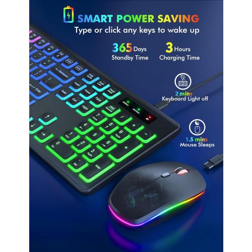 Wireless Keyboard - RGB Backlit, Rechargeable & Light Up Letters, Full-Size, Ergonomic Tilt Angle, Sleep Mode, 2.4GHz Quiet Keyboard for Mac, Windows, Laptop, PC - missing mouse