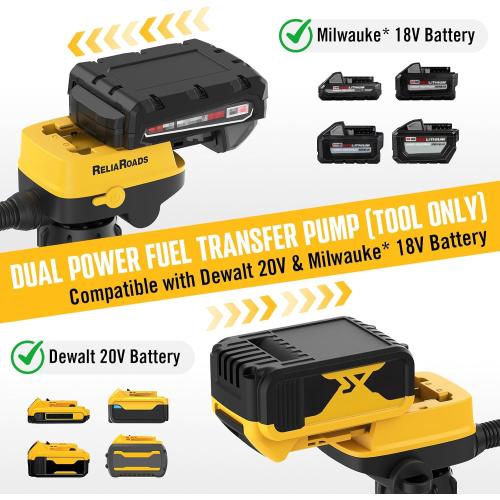 ReliaRoads Dual Power Fuel Transfer Pump, Cordless Fuel Pump Compatible with DEWalt 20V and Milwauke 18V Batteries, Upgraded 3.2 GPM Portable Pump for Diesel, Water, Gasoline (Battery Not Included)