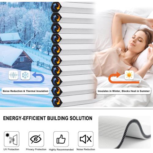 WHITE No Drill Cellular Shades for Indoor Windows, Thermal Insulating & Noise Reducing Honeycomb Blinds, Free Stop Cordless Blackout Shades, White, 25 1/2 W x 64 H