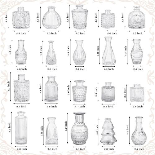 20 Pcs Clear Glass Bud Vases, Small Vintage Bud Vase Set for Flowers, Mini Glass Vases for Centerpieces, Wedding Decor, Baby Shower, Table Decorations, Home Decor, 3.1-5.1
