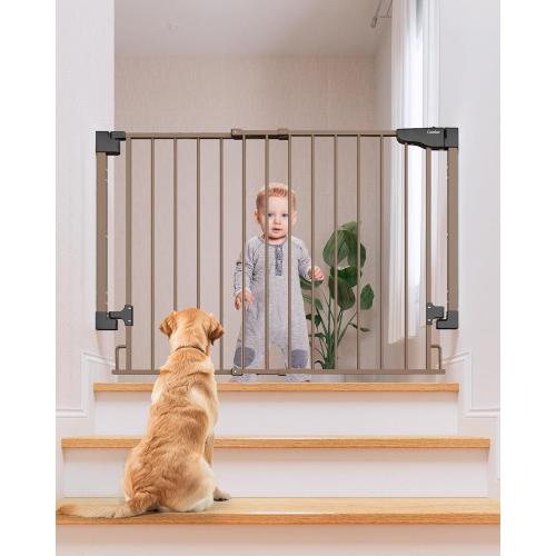 Cumbor 29.2–43 Baby Gate for Stairs, Wall-Mounted (Drill Required), Expandable No Bottom Bar Dog Gate, Auto Close Extra Wide Walk Thru, Pet & Toddler Proof Gate, Top & Bottom of Stairways (Brown)