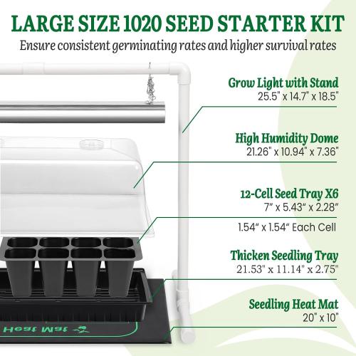 SOLIGT 1020 Size Seed Starter Kit with Grow Light and Heat Mat – 7 Humidity Dome, 6x12 Cell Seed Starter Tray, Bright-Adjustable with 8/12/18H Timer & Stand for Seed Starting & Seedling Propagation