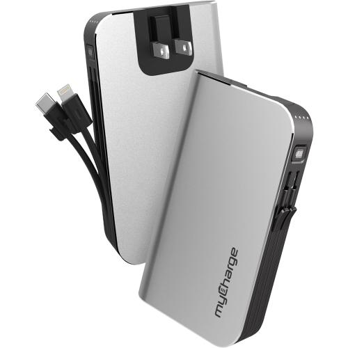 myCharge Portable Charger with Wall Plug – 10050mAh Fast Charger – Power Bank for iPhone, Samsung, Android & More - External Battery Pack Portable Charger with Built-in Cables (Lightning   USB-C), pack of 1