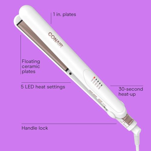 Conair Double Ceramic Flat Iron, 1-Inch Flat Iron Hair Straightener, Five Heat Settings, Extra Long Floating Plates, White