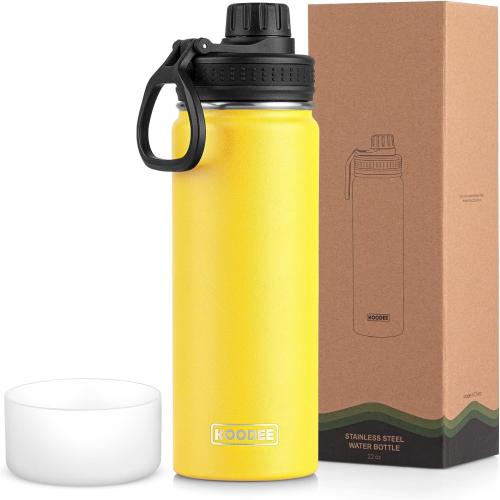 Color Yellow koodee Insulated Water Bottle, 22 oz Stainless Steel Double Wall Vacuum Wide Mouth Sport Bottle with Leakproof Spout Lid (Yellow)