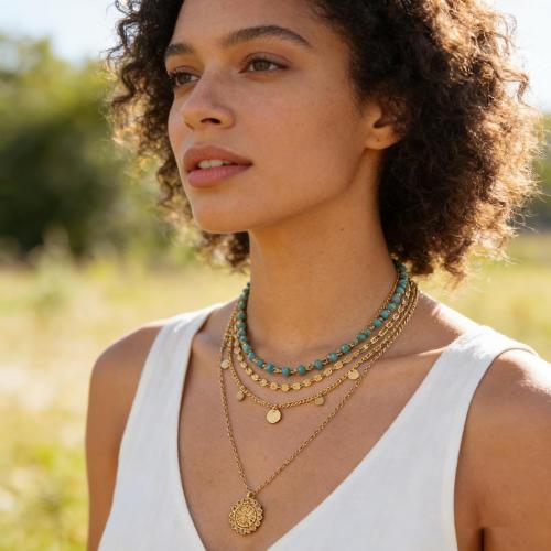 Gold Layered Necklace for Women Summer Boho Layered Stacked Pendant Necklace Country Concert Necklace Turquoise Coin Long Necklace