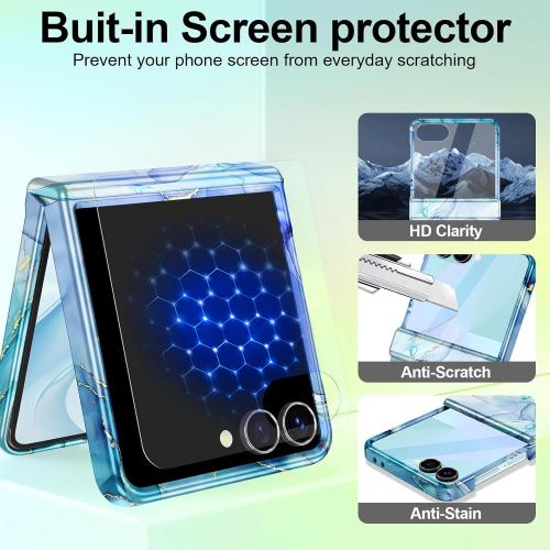 Blue Cyan Btscase for Samsung Galaxy Z Flip 7 Case,Built in Front Screen Protector,Gold Glitter Marble Pattern Hard PC Slim Shockproof Full Body Drop Protective Case for Galaxy Z Flip 7 5G (2025)
