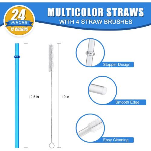 24 PCS, Reusable Straws with 4 Brushes, 10.5 Long Tritan Hard Plastic Straws, 12 Colors Translucent Replacement Drinking for 16OZ-32 OZ Tumblers, Cups, Jars, Stanley, YETI, Starbucks, BPA Free