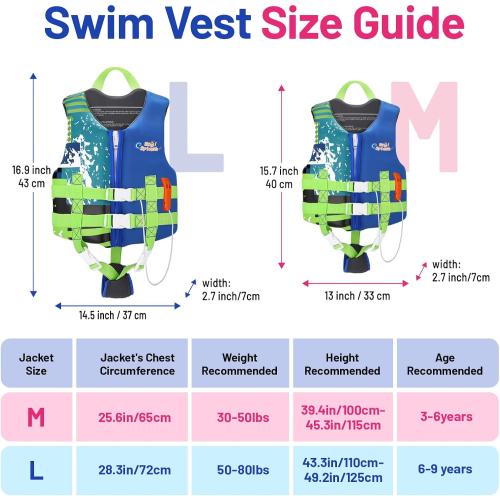 Size S .....HeySplash Toddler Swim Vest, Kids Swimming Jacket Fit 30-50/50-80lbs, Child Floaties Vest wiht Safety Strap, Float Jacket for Girls/Boys on Pool,Beach,Boating, Learn to Swim Aid, M 3-6 Yrs/L 6-9 Yrs