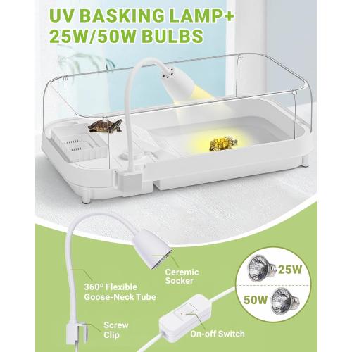 Large Turtle Tank Kit (Tank Lamp Filter), Acrylic Turtle Tank Starter Kit with Heightened and Curved Fences, Bottom Drainage, Multi-Function Areas