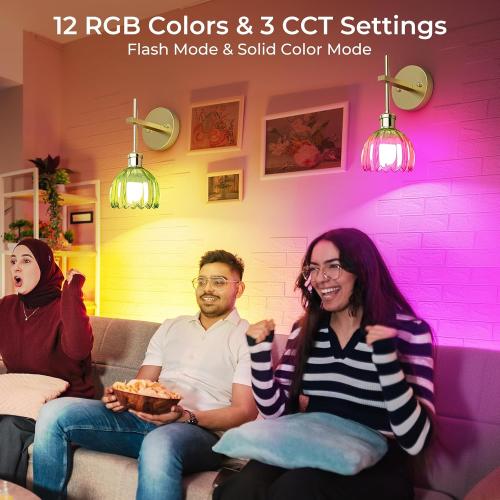 Battery Operated Wall Sconce with Green Tulip-Shaped Lampshades, Wireless Rechargeable Sconces Wall Decor Set of 2 with Remote Control, 12 RGB Colors & 3 CCT Settings (Green)