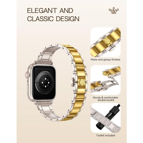 Wearlizer Compatible Watch Bands for Women 41/40/38/44/45/46/49/42mm, Dressy Metal Strap Designer Stainless Steel Gold Silver Bracelet for iWatch Series 11 10 9 8 7 6 5 4 3 SE/Ultra 3 2 1