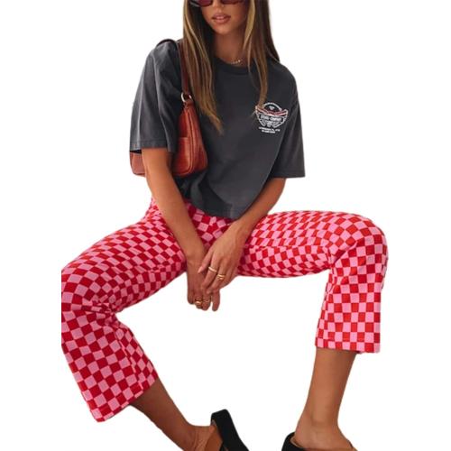 Size L- Women Casual Straight Wide Leg Flare Pants High Waist Baggy Checkerboard Printed Trousers Joggers 90s Streetwear