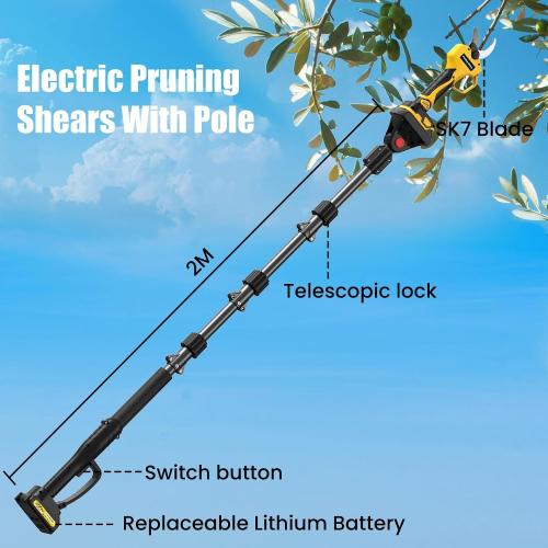 Electric Pruning Shears Cordless with 8FT Pole, Max Cutting Diameter 2.7 inch, 21V 2 * 2Ah, 1000w Brushless Motor, Working time 6-10 h, Electric Pruning Shears Suitable for Gardens, Orchards, Farms