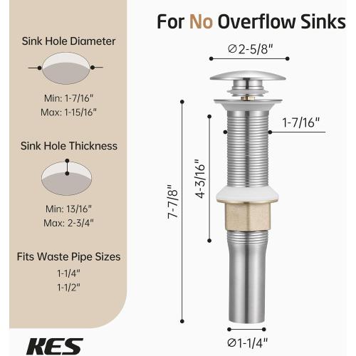 KES Bathroom Sink Drain with Strainer Basket Hair Catcher Anti Clog Pop Up Drain Stopper Vanity Vessel Sink Without Overflow, Brushed Nickel All Metal Rustproof 304 Stainless Steel, S2013D-BN