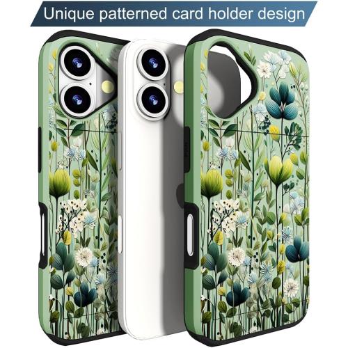 Size iPhone 16 Color Green Compatible for iPhone 16 Plus Case Cute with Card Holder Shockproof Slim Slot Phone Wallet Cover for Women/Green Leaves Botanical Flower Plants Tropical