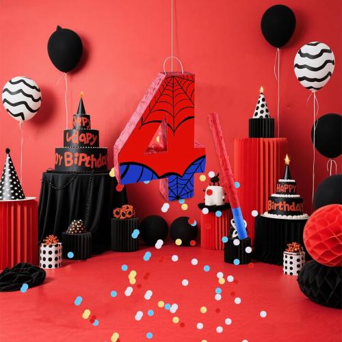 16 Inch Number 4 Spider Pinata with 16 Inch Piñata Stick Blindfold Confetti for Boy Girl Kids 4th Birthday Party Decorations (4th)