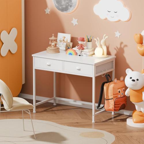 Furologee White Small Computer Desk with 2 Fabric Drawers for Bedroom,34 Inch Simple Home Office Writing Desk, Vanity Desk with Hooks, Study Table for Adults Student Small Spaces