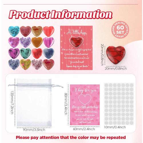 Tondiamo 60 Sets Pocket Hug Valentines Gift Bulk, 0.8 Inch Natural Heart Crystal Worry Stones with Hug Cards and Organza Bags, Small Cute Love Pocket Tokens for Friend, Couples, Office Employee, Staff