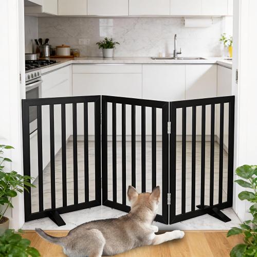 Dog Gate Indoor, Freestanding Dog Fence for The House, Doorways, Hallways,or Stairs,Pet Gate Foldable Wooden,Expandable 24 Height 3 Panels,Black