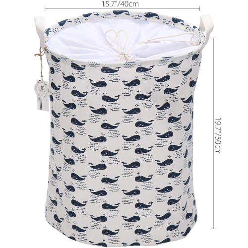 Color White with Blue whales Sea Team 19.7 x 15.7 Large Sized Folding Cylindric Waterproof Coating Canvas Fabric Laundry Hamper Storage Basket with Drawstring Cover, Whale