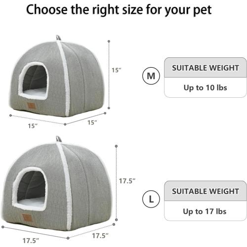 Cat Beds for Indoor Cats-Cat Bed Cave House Tent for Kittens and Small Pets with Washable Cushioned,Soft and Warm Indoor House, Grey, 15 inches