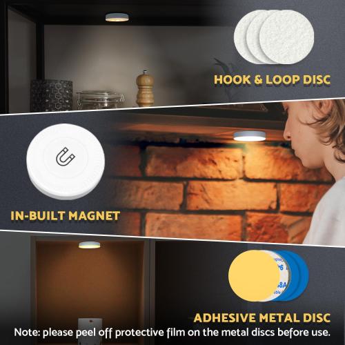 Rechargeable Puck Lights 2 Pack, Magnetic Tap Light 1000mAh Battery Powered, Warm Yellow, Dimmable Touch Light Stick on for Closet, Locker, Cabinet, Bedside, Kitchen