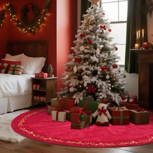 HyDren 100 Inch Christmas Velvet Tree Skirt Gold Bronzing Embroidery Christmas Tree Decorations Vintage Party Favors Rustic Holiday Decor(Red)