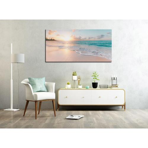 OKEXCKK Beach Canvas Wall Art - Sunset Ocean Picture Green Nature Seascape Painting Print for Kitchen, Bedroom, Living Room Decoration, Large Coastal Artwork Poster for Wall Decor 20x40