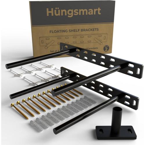 Set of 2 Floating Shelf Brackets 11 inch Multiple Mounting Location Baseplate/Heavy Duty Black Painted Mild Steel Bracket Hidden Wall Shelves Support Hardware Mount Kitchen/Nursery Decor(8 inch Rods)