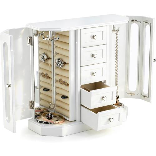 RR ROUND RICH DESIGN Vintage Jewelry Armoire with Mirror White | Solid Wood Jewelry Box Organizer with 5 Drawers & 2 Glass Doors - Large Capacity Desktop Dresser Case