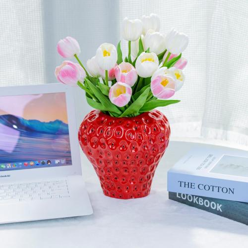 Strawberry Ceramic Flower Vase, Decorative Cute Ornament Vase for Aesthetic Decor Flower Arrangement, Unique for Colorful Modern Vintage Home Kitchen Office Decor Centerpiece, Red 7inch