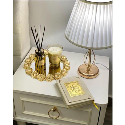 Color Gold Vixdonos Decorative Round Mirror Tray Bathroom Vanity Tray with Gold Resin Rose for Perfume,Jewelry and Makeup