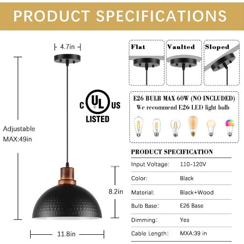 Size 11.8 Color Black Pendant Lights Kitchen Island, 11.8 Hammered Metal Black Dome Pendant Lighting Black and Wood Pendant Light Fixture Hanging Ceiling Light for Dining Living Room Restaurant Sink