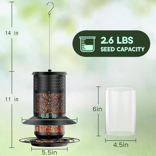 Black Hanging Bird Feeder with Squirrel Baffle, Squirrel Proof Bird Feeders for Outdoors, Heavy Duty Metal Design with Large Capacity Hanging Birdfeeder for Outside,