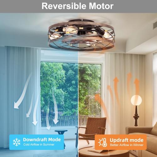 SHLUCE Small Fandelier Caged Ceiling Fan with Light, Farmhouse Low Profile Flush Mount Ceiling Fans with Lights and Remote, Rustic Bladeless Ceiling Fan with Light for Kitchen, Bedroom, Living Room