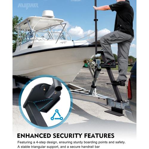 Boat Trailer Step Ladder, 4-Step with Safety Handle, Non-Slip Surface, Universal Trailer Tongue Mount, Black (4 Step)