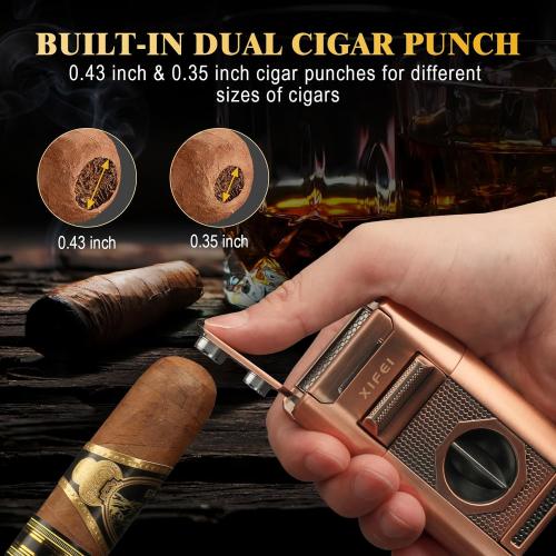 XIFEI 6-in-1 Desktop Lighter, 4 Jet Flame Torch with Straight & V-Cut Cutter, Dual Cigar Punch, Cigar Draw Enhancer, Holder, Refillable Butane Lighter with Gift Box (Bronze)