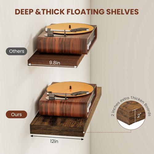 Vivelove 12 Deep Floating Shelves for Wall 36 Long, Wall Shelves for Bedroom Living Room Bathroom Kitchen Laundry Room, Farmhouse Rustic Shelves for Home Decor, 36 X 12 X 2 Set Of 2, Rustic Brown