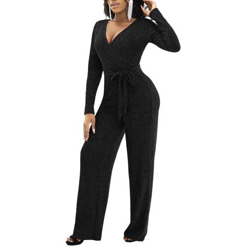 Size L LightlyKiss Women's casual sexy V-neck sparkling jumpsuit long sleeve loose jumpsuits Fashion Club party Rompers with belt