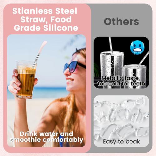 OUTXE Anti Wrinkle Straw 6 Pcs, Flat Wide Drinking Straw for Stanley Cup 40 oz 30 oz, Reusable Wrinkle Free Long Stainless Steel Metal Straw for Lip with Cleaning Brush and Carrying Bag