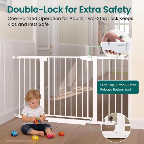 Cumbor 30-54 Extra Wide Baby Gate for Stairs, Dual Lock & Self-Closing Dog Gate Indoor, Easy Install Pet Gate for Doorways, Hallways & Kitchen, Easy Walk Thru Safety Proofing for Babies & Pets, White