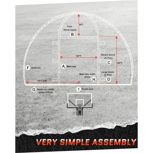 Basketball Court Marking Kit, Basketball Court Stencil Kit for Concrete Driveway and Asphalt | Quick Setup Corrugated Paper with Plump Bob Spray Guard | Regulation Size 39.6' X 21'