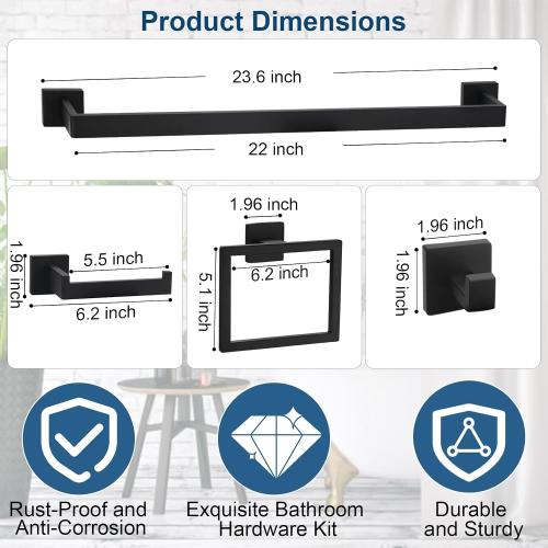 Set of 15 Pieces Color Black Bathroom Hardware Set, Matte Black Bathroom Accessories Set, Towel Racks for Bathroom, 23.6 Inch Bath Towel Bar Set Stainless Steel, Toilet Paper Holder Wall Mounted, Towel Ring, Towel Hook