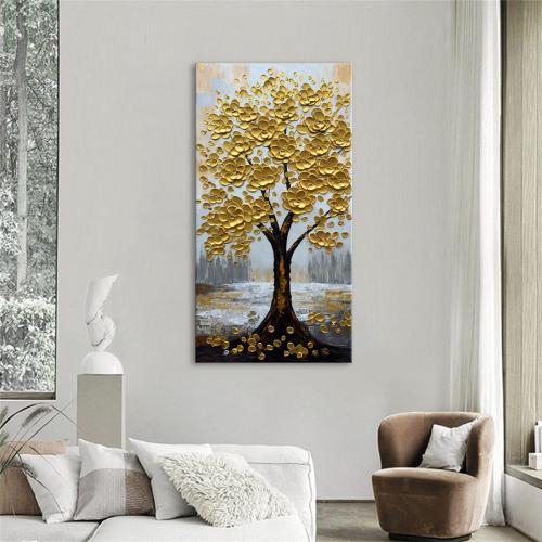 zoinart 3D Modern Oil Paintings, Gold Fortune Tree Painting, Abstract Vertical Canvas Wall Art, Floral Wall Painting for Dining Room Hallway Living Room Wall Decor 48x24 Inches