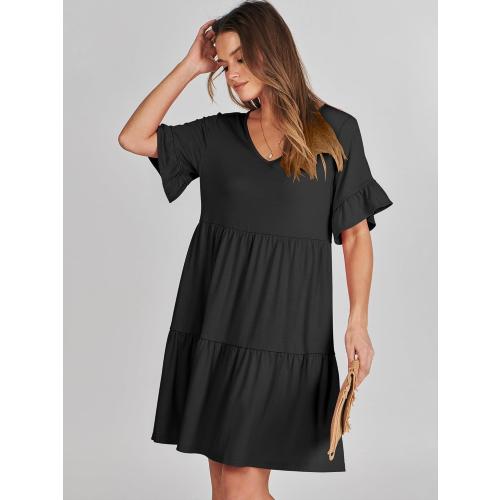 Size S ANRABESS Dresses for Women Summer 2026 V Neck Ruffle Sleeve A Line Tiered Flowy Casual Trendy Mini Beach Dress with Pockets