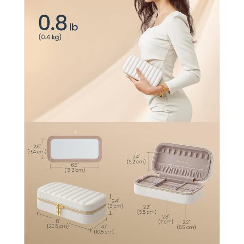 SONGMICS HOME Travel Jewelry Case, Travel Jewelry Box Organizer with Mirror, 4.1 x 8 x 2.4 Inches, Stitching, Portable, Christmas Gift, Cloud White UJBC180W01